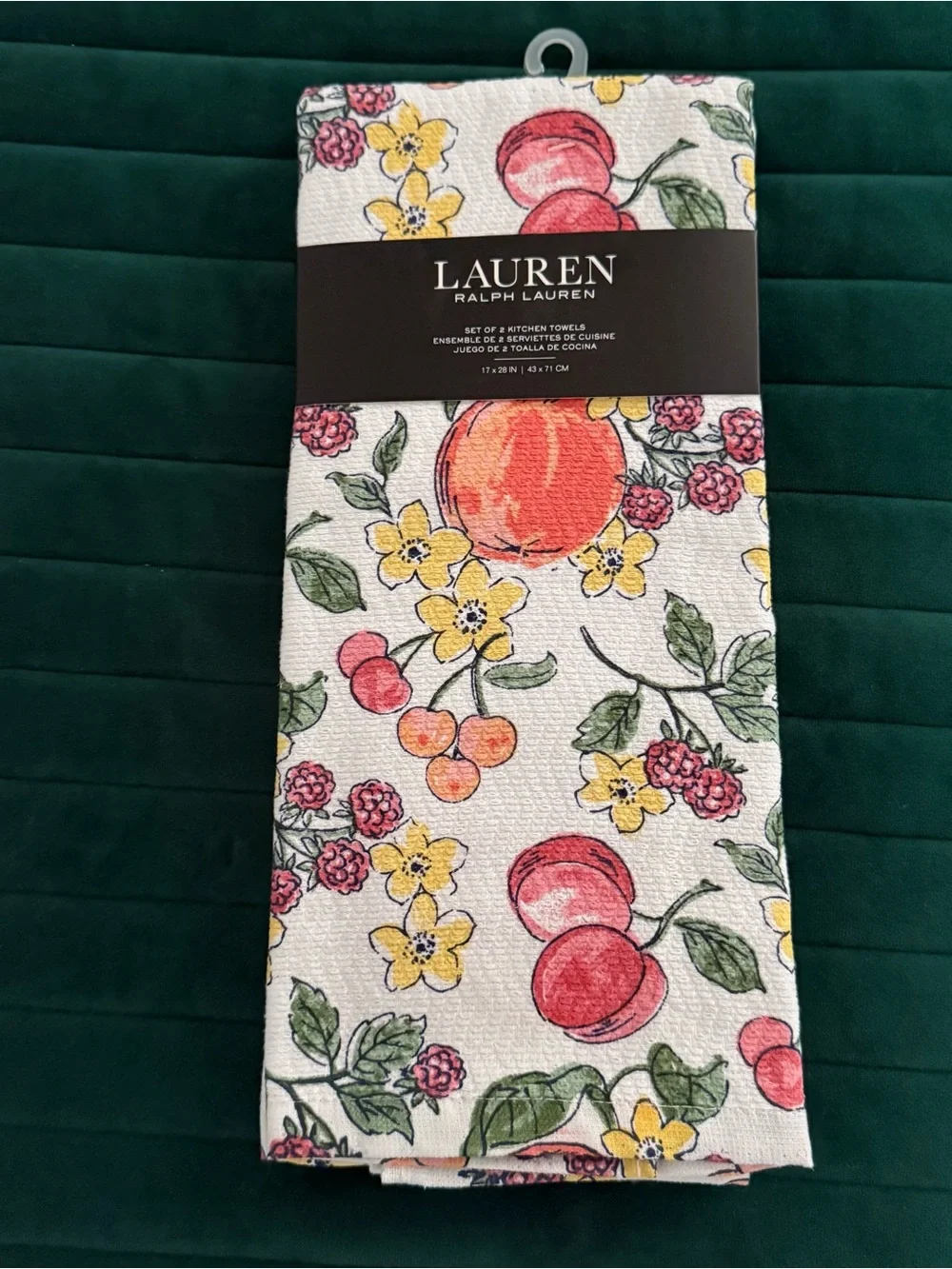 Ralph Lauren White Kitchen Towel with Yellow Flowers and Red Fruit Print